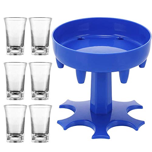 KKTICK Soporte y dispensador de chupito, accesorio para fiestas, embudo, dispensador de bebidas, para 6 personas, para licor, bourbon, vodka, cócteles (incluye tazas), color azul