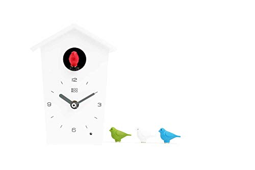 KOOKOO BirdHouse mini blanco, pequeño reloj cucu design moderno, sonidos de 12 aves o cuco, pájaros cantores, grabaciónes naturales de JeaneClaude Roché;