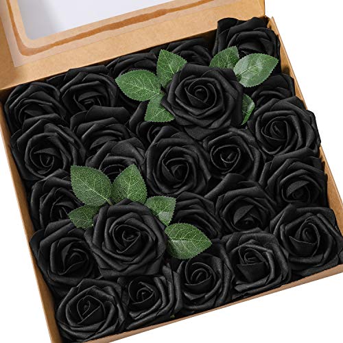 Ksnnrsng Flores Rosas Artificiales Espuma Rosa Falsa para Manualidades, Ramos de Novia, centros de Mesa, Despedidas de Soltera y Decoración del Hogar (25 Piezas, Negro)