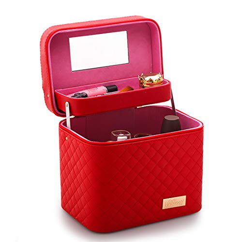 LIANGJING Red Bolsa de cosméticos de Gran Capacidad Bolsas de Moda portátil Caso cosmético PU Malla de Cuero de Metal Cremallera,C