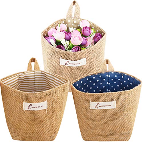 LLMZ Bolsa de Almacenamiento para Colgar 3 Pcs Bolsa de Almacenamiento de Yute de Algodón Tela de Algodón Maceta Colgante Cesta para Juguetes,Maquillaje u Objetos Pequeños