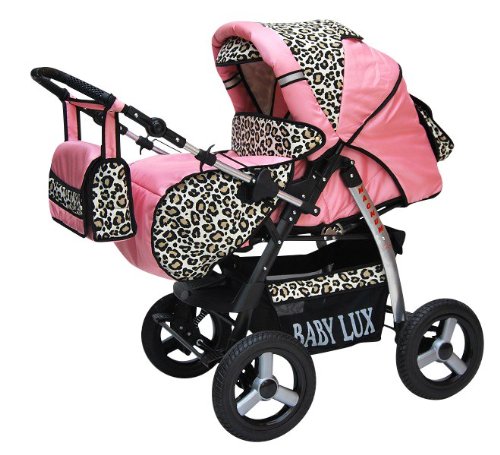 Lux4Kids Magnum 3 in 1 Cochecito Combinado (asiento del coche incluye adaptadores, cubierta para la lluvia, mosquitero, portavasos, el cambio de la almohadilla de 47 colores) 18 rosa & leopardo