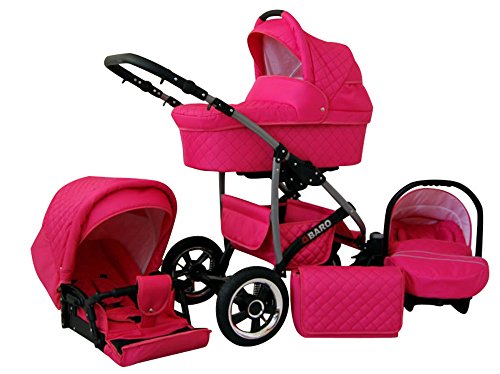 Lux4Kids Q Baro 3 in 1 Cochecito Combinado (asiento del coche incluye adaptadores, cubierta para la lluvia, mosquitero, ruedas giratorias 9 colores) 04 rosa