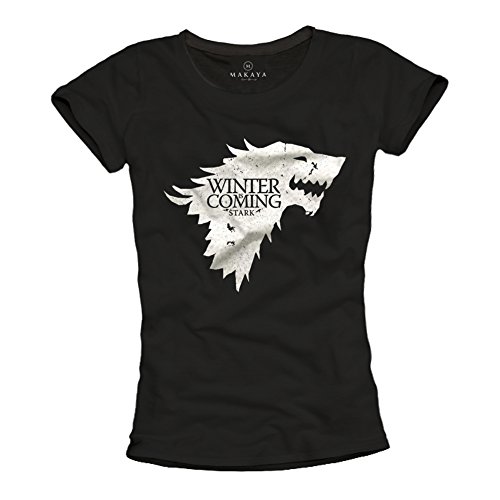 MAKAYA Camiseta Negra Mujer - Winter IS Coming Stark - Juego de Tronos S