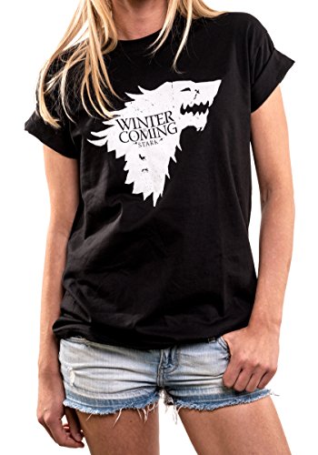 MAKAYA Oversize Top Manga Corta - Winter is Coming - Camiseta Juego de Tronos Mujer Negro L