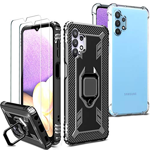 Milomdoi [4 Articulos] 2 Funda +2 Packs Cristal Templado para Samsung Galaxy A32 [4G&5G], [2 Styles Case] [Grado Militar Anti-Caída] Soporte Giratorio de 360°Grados con Anillo Dedo TPU Silicona