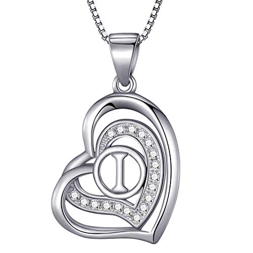 Morella Collar de Mujer con Colgante corazón-Letra I de 925 Plata rodiada con Piedras de circonita de Color Blanco 46cm