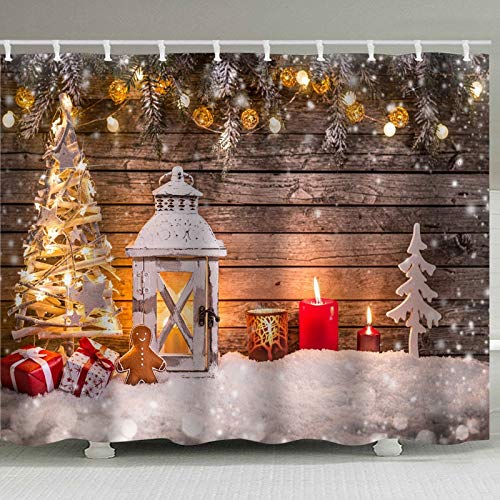 N / A Diseño de patrón de Feliz Navidad Cortina de Ducha Personalizada baño luz de Velas cálida casa de Madera Impermeable y a Prueba de Moho Cortina de Ducha Decorativa de poliéster A11 90x180cm