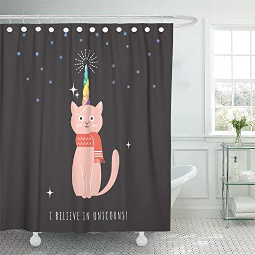 N\A Cortina de Ducha Impermeable con Ganchos Baby I Believe in Unicorn Cat Horn of Fantasy y Birthday Celebration Character Lindo baño Decorativo Inodoro