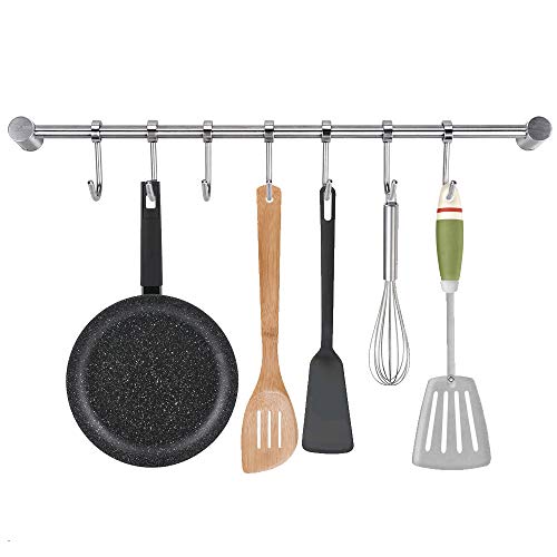 NACTECH Colgador de Utensilios de Cocina Barra Cocina Utensilios con 7 Ganchos Movible Colgador de Acero Inoxidable para Utensilios Cocina Olla Sartén 40cm