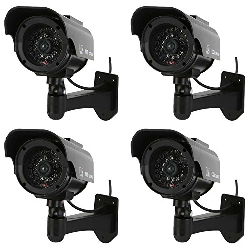 NONMON Cámara Falsa,4Pcs Dummy Cámara de Vigilancia Simulada con Energía Solar,LED Parpadeante Sistema CCTV Imitación,Seguridad Supervisión Protección para Interior Exterior Hogar Oficina