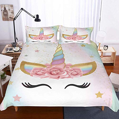 NYLIN Funda Nórdica Unicornio Y Hermosas Flores Colcha Estampada Animal Dibujos Animados Juego De Ropa De Cama 2-4 PCS Fundas De Edredón Nórdico/Fundas De Almohada/Sábanas para Cama 90/135/150/180