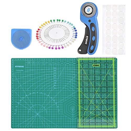 OFNMY Kit de 78pcs con A3 Alfombrilla de Corte + Cúter Rotativo de 45mm + Cuchilla de Repuesto de 45mm + Patchwork de Regla + Abrazadera de Plástico + Alfileres