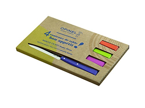 Opinel Caja de 4 Cuchillos de Mesa N°125 Estilo Pop Mango en Carpe Coloreado Mandarina/Verde Manzana/Fucsia/púrpura 1532, Acero Inoxidable, 11 cm