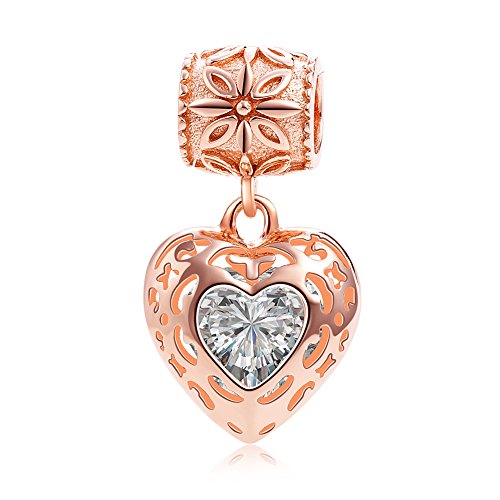 Oro rosa corazón de cristal colgante de plata de ley 925 sólido (Love Dangle Bead colgante con forma de día de San Valentín