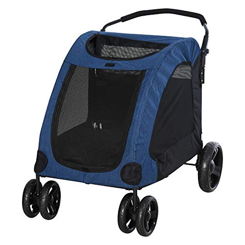 Pawhut Cochecito para Mascotas Carrito para Perro Gatos Plegable 4 Ventanas Transpirables Buena Ventilación Puerta Grande Cojín Extraíble 98x82x110 cm Azul