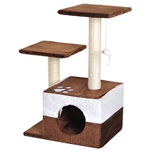 Pawhut Rascador para Gatos Árbol Rascador Centro de Actividad Plataformas Caseta Ratón de Juguete 45x33x70cm