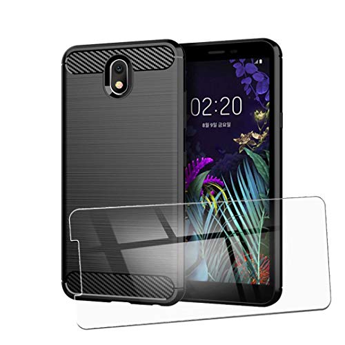 QFSM Funda + Cristal Templado para LG K30, Silicona Carcasa TPU Anti-Choque Fibra de Carbono Cover Case, HD Película Protectora Cristal Templado Pantalla Glass