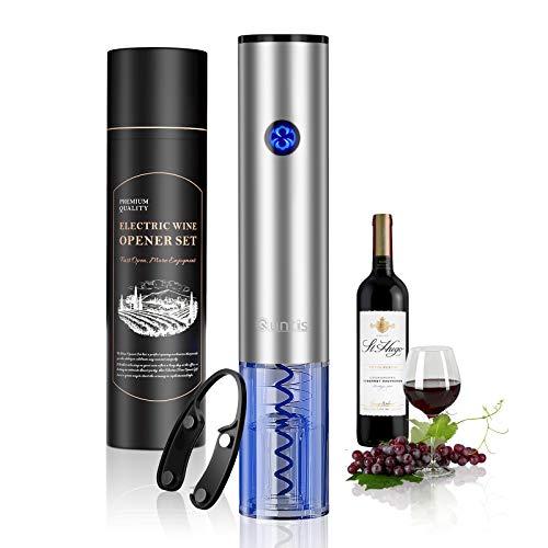 Quntis Sacacorchos Eléctrico Recargable, Abridor Vino Abrebotellas Electrico de Acero Inoxidable,Indicador LED,con Cortador de Papel,Cable USB C,Regalo para Navidad,Cumpleaños,Fiesta,Boda-Plateado