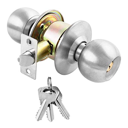 QWORK Acero Inoxidable Juego de pomos redondos para puerta de entrada con llave y cerradura para puerta de almacenamiento, cuarto de baño, con cerradura y llave