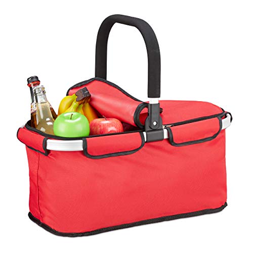 Relaxdays Cesta de la Compra Plegable con Tapa, Cesta con asa, 25 L, poliéster, Cesta Plegable con Cremallera, Color Rojo