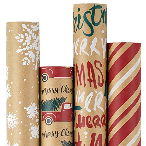 RUSPEPA Papel De Regalo, Papel Kraft - Copos De Nieve, Coche Y Árbol De Navidad, Rayas Y Feliz Navidad - Colección De Elementos Navideños - 4 Rollos - 76cm X 305cm por Rollo