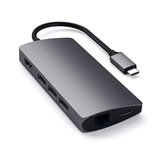 SATECHI Adaptador Multi-Puertos V2 de Aluminio - HDMI 4K (30Hz), Ethernet Gigabit, Carga USB-C, Lectores de Tarjetas SD/Micro, Puertos USB 3.0 para 2020/2019/2018 MacBook Pro (Gris Espacial)