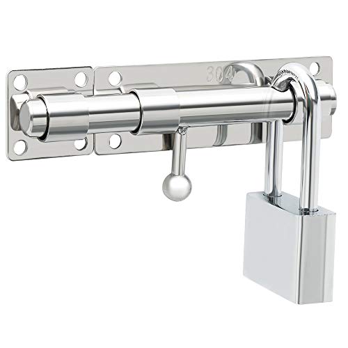 Sayayo Puerta corredera Perno de seguridad Cerradura de puerta con orificio para candado Longitud 150 mm, acero inoxidable macizo Acabado cromado (no incluye candado), EMS8000