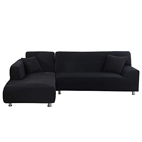 SearchI Fundas Sofa Elasticas Chaise Longue,Extraíbles y Lavables,Moderno Cubre Sofa Chaise Longue Universal Fundas Protectora para Sofa contra Polvo en Forma de L 2 Piezas(Negro,2 Plazas+3 Plazas)