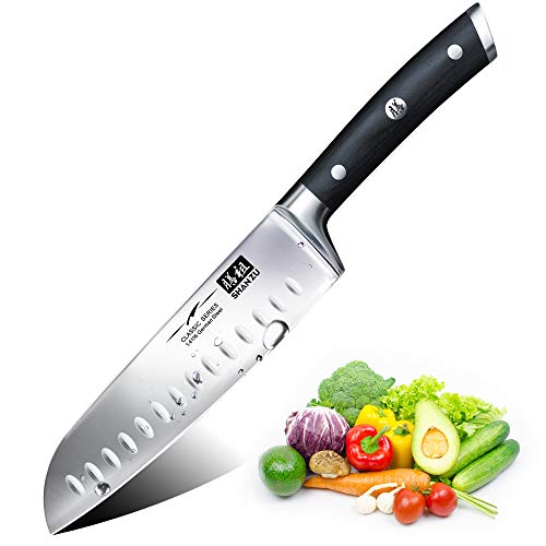 SHAN ZU Cuchillo Santoku Japones, Cuchillos de Cocina Profesionales 18cm, 7 ''Cuchillo Chef de Acero Inoxidable Alemán de Alto Carbono, Cuchillos Cocinero para Frutas, Verduras, Carne