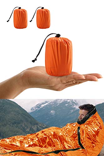 Shayson Saco de Emergencia Dormir,Aislamiento Térmico, Exterior Brillante Naranja Fácil de Localizar Portátil,para Acampar Supervivencia Al Aire Libre 2 Pack