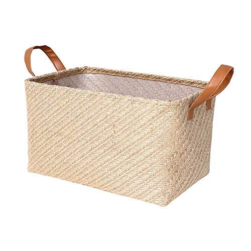 SOCOHOME Cestas de Almacenamiento de Yute, Caja organizadora de Lino Natural Tejida, Caja de Almacenamiento con asa para Juguetes, Ropa, Dormitorio (Beige, Large)