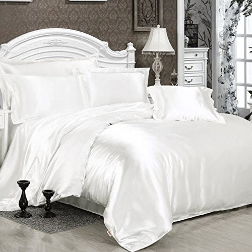 Surfmalleu 4PCS Juego de Sábanas Conjunto Funda Cubierta Kit de Cama de Edredón Satén Nórdica Bajera Almohada de Seda Moderna Suave 150 * 200 200 * 230 220 * 240 cm (Blanco, 1.5m)