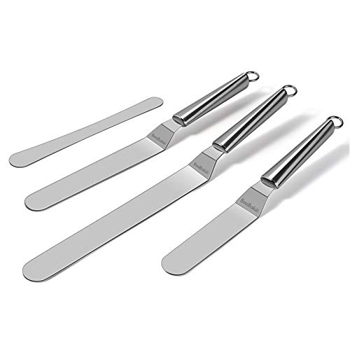 SveBake Juego de 3 paletas angulares de acero inoxidable con 1 espátula, cuchillo y cuchillo para tartas, accesorios para tartas, set de espátulas para tartas