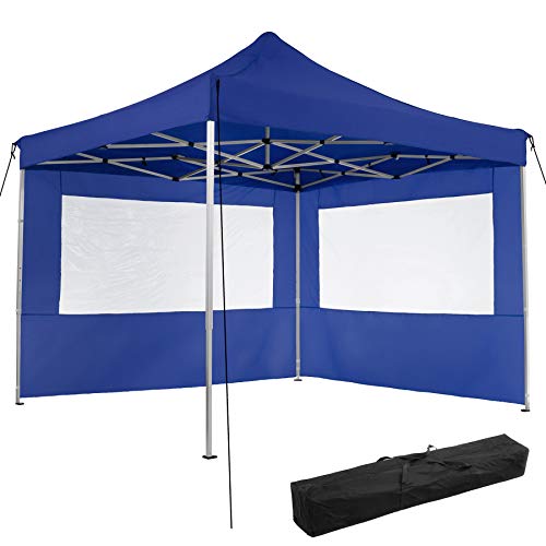 TecTake 800685 Carpa de Jardín 3 x 3m, Plegable, Aluminio, 100% Impermeable, 2 Paneles Laterales, con Cuerdas Tensoras, Piquetas y Bolsa (Azul | no. 403150)