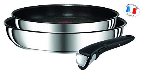 Tefal Ingenio Preference L9409042 - Set de sartenes 22/26 cm y mango, exterior acero inoxidable, thermo-spot, apto tipo de fuegos y inducción, apto para horno, antiadherente titanium