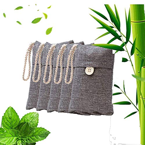 Tiamu Bolsas de Deshumidificador Natural, Bolsa de Carbón Activo De Bambú, Purificador de Aire Elimina el olor de carros, salones, cocinas, baños, armarios, zapatos, 5 paquetes