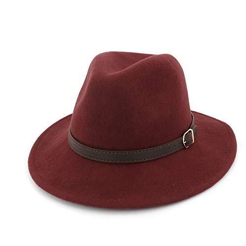 Tongdaur - Sombrero para mujer y hombre de fieltro de lana impermeable Outback Fedora con ala ancha Gangster Trilby fieltro jazz Cap Great Hat lana + poliéster, rojo vinagre 56-58