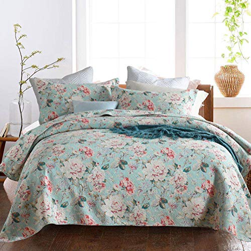 Topmail Set 3 Piezas Colcha Doble 230x250cm con 2 Funda de Almohada 50x70cm, Cubrecama Reversible para Cama en Algodón Patrón de Flor Multicolor Ropa de Cama