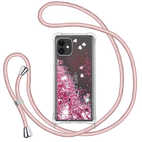 TUUT Funda Glitter Liquida con Cuerda para iPhone 11, Glitter Cristal Suave Silicona TPU Bumper Protector Carcasa, Brillante Arena Movediza con Colgante Ajustable Cordón Case -Rosa