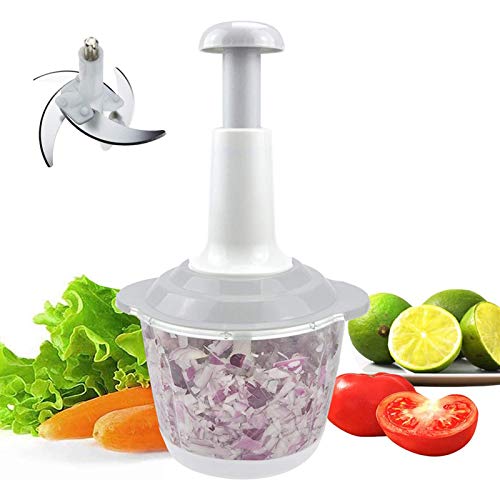 U-A Picadora De Alimentos Manual, Picadora Rápida con 4 Cuchillas Curvas De Acero Inoxidable, Picadora De Verduras De Mano/Picadora/Batidora/Licuadora para Picar Frutas Cebollas/Ajos, 1500 Ml