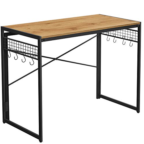 VASAGLE Escritorio, Escritorio Plegable, Mesa con 8 Ganchos, sin Herramientas, Industrial, para Casa Oficina, Ordenador, Portátil, Marrón Miel y Negro LWD042B05