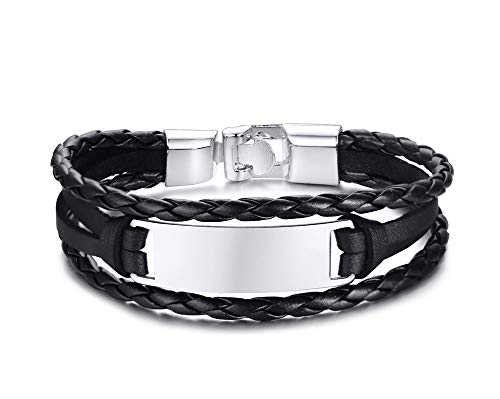 VNOX Personalizado Personalizar Acero Inoxidable Trenzado PU Cuero Chapado en Negro ID de Mensaje Etiqueta Envoltura Pulsera Brazalete para Hombres Mujeres,Grabado Gratis