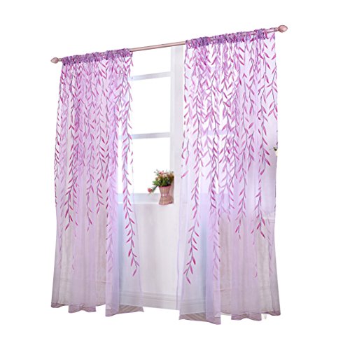 WINOMO Visillos para Ventanas Cortina Voile con Bordado Hoja Púrpura 100x270cm