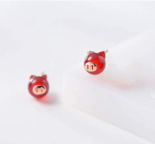 WOZUIMEI S925 Pendientes Alcancía de Plata Estilo de Arte Coreano Femenino Lindo Granada Rojo Moda Femeninaoro rosa