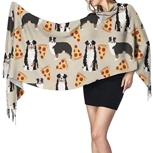 XCNGG Bufanda con flecos de cachemira de imitación chal bufanda larga de moda Cashmere Feel Shawl Wraps Australian Shepherd Pizza Food Fashion Large Scarf For Women Winter Warm Soft Scarves Blanket