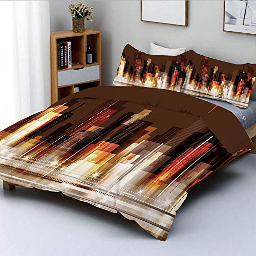 XINGAKA Bedding Juego de Funda de Edredón, Abstracto Urbano céntrico Vibrante Siluetas Edificios Panorama artístico Moderno Decorativo Juego de Cama de 3 Piezas 2 Fundas de Almohada