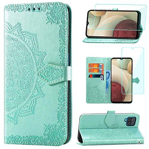 Yohii Funda Samsung Galaxy A12/M12 + Cristal Templado, Libro Caso Piel PU Soporte Plegable Ranuras Cartera con Tapa Tarjetas Magnético Cuero Flip Carcasas, Case para Samsung Galaxy A12/M12 - Verde