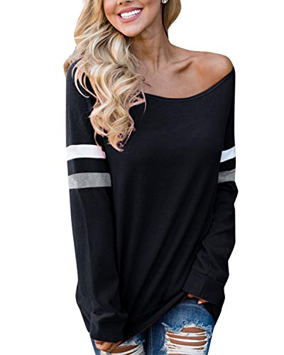 YOINS Camiseta de Manga Larga para Mujer Camisas con Rayas Cuello Redondo Casual Blusas Elegante Tops Negro-01 S