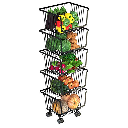 ZMLG Carro de Almacenamiento con Ruedas Cocina, Bandeja Multicapa de Hierro para Frutas y Verduras, Estante para Hogar, Cesta para Frutas y Almacenamiento de Verduras, Negro,Five tiers